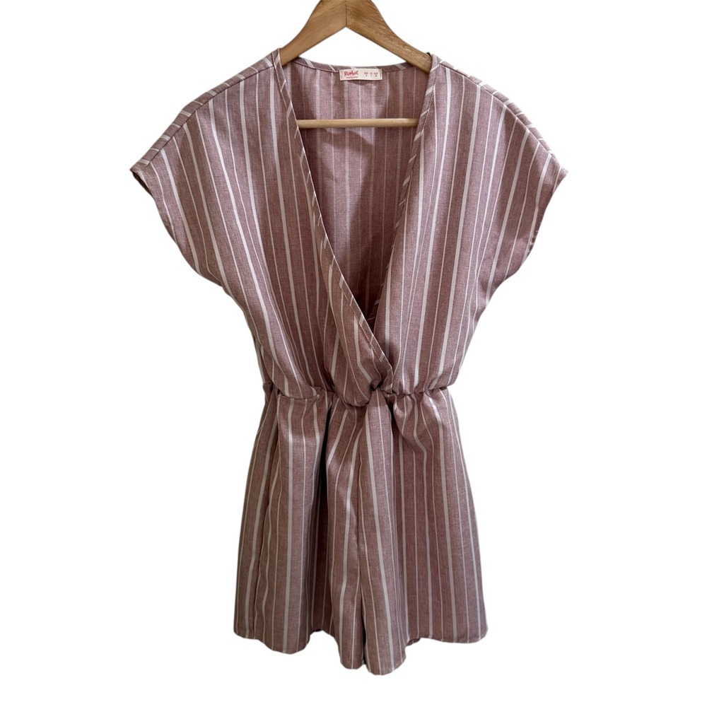 ROMWE Striped Wrap V Neck Smocked Waist Short Romper Jumpsuit Women S